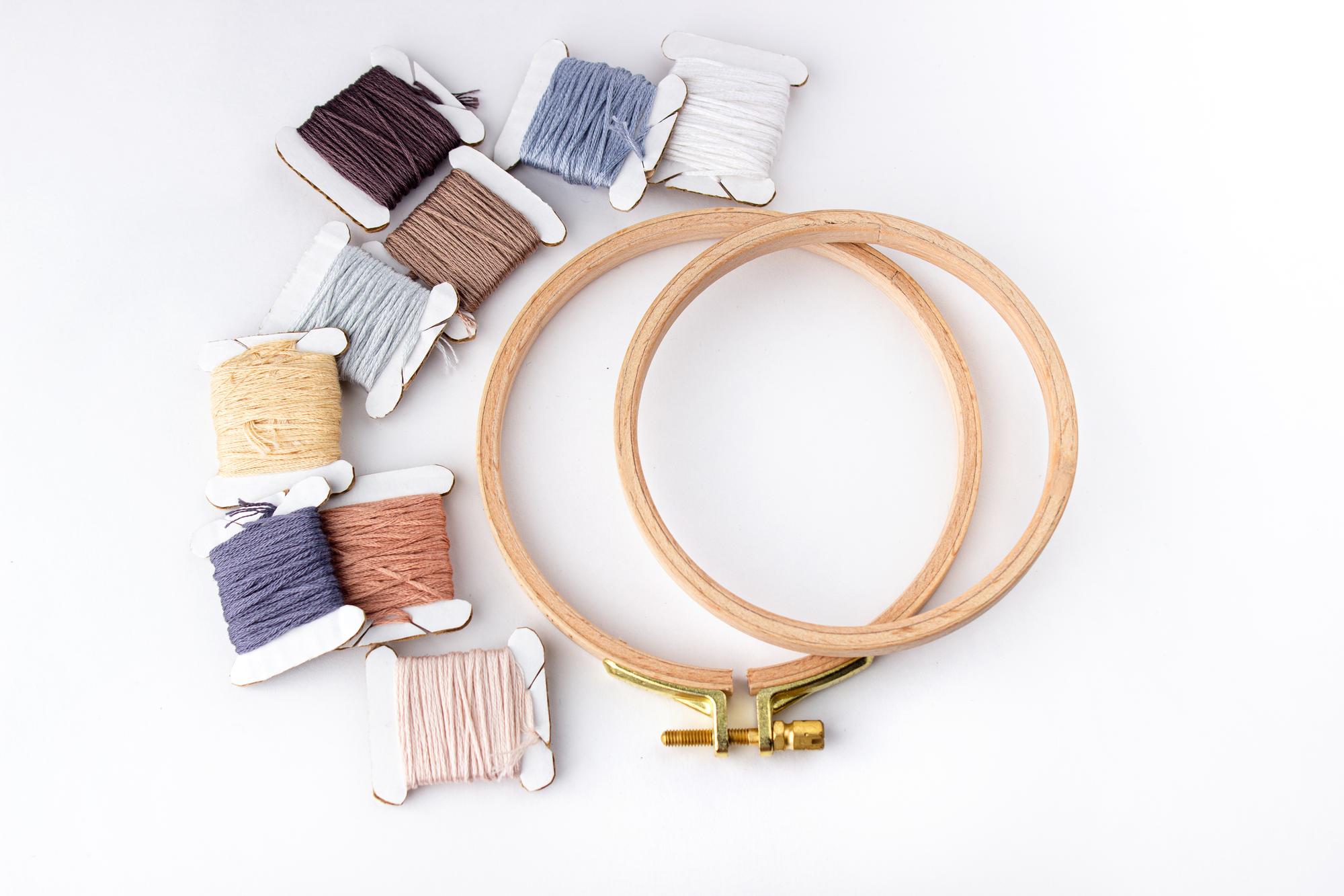 Workshop flatlay with hoops and colorful threads
